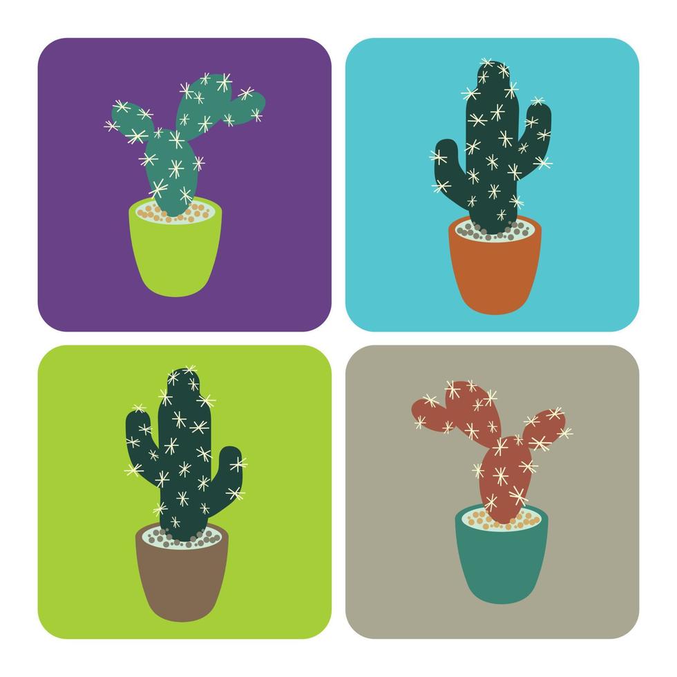 Vector set of colorful cactus plants in colored pots. Home plants cactus in pots.  Exotic and Tropical Plants - Cacti for design isolated on white background. Hand drawn cactus for design.