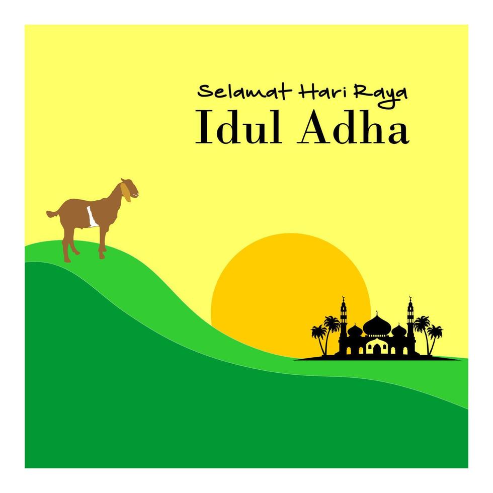 Eid Al Adha flat vector illustration with goat or sheep animal and mosque. Sacrifice animal celebration Islamic event. Selamat hari raya Idul Adha means happy Eid al-Adha also called Sacrifice festive