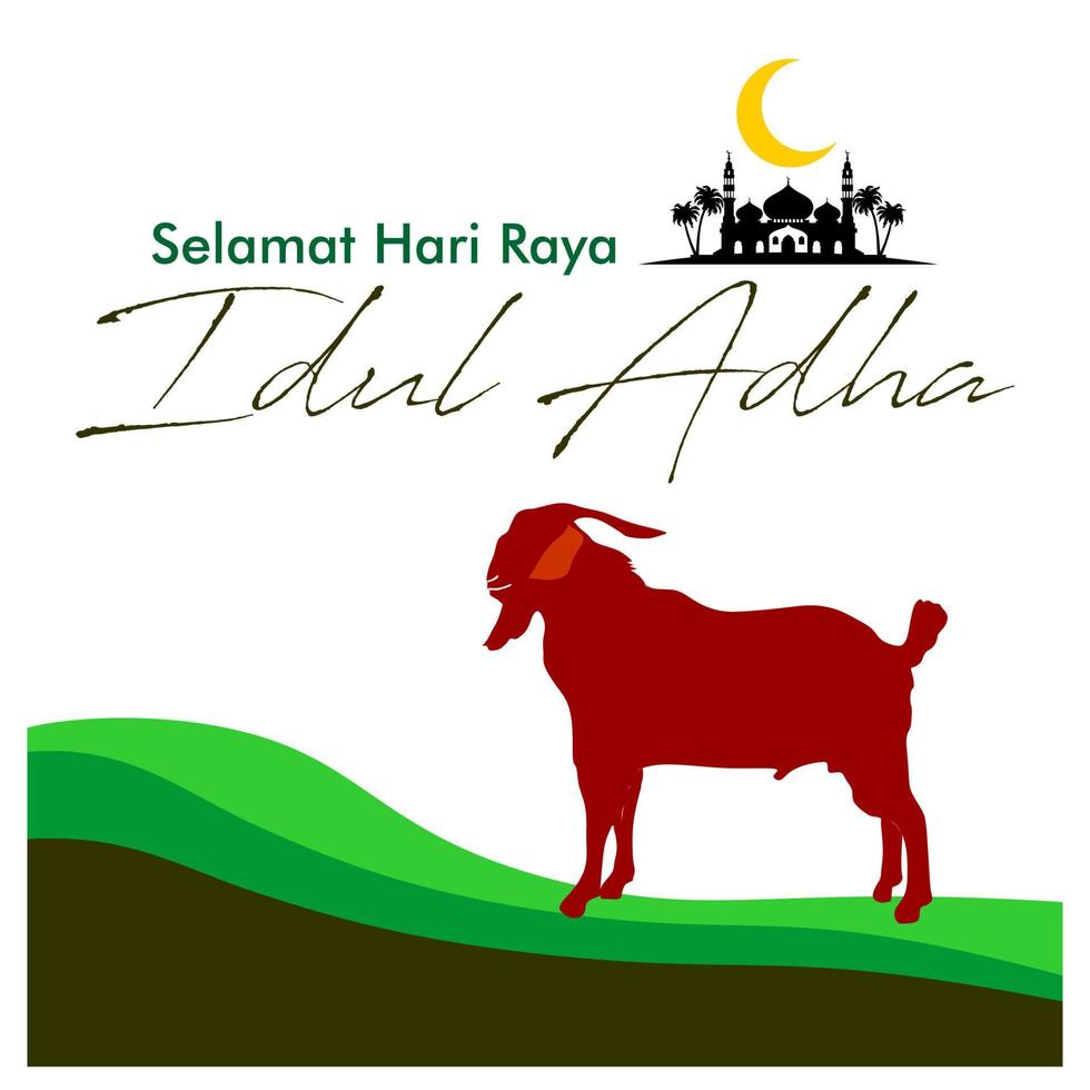 Eid Al Adha flat vector illustration with goat or sheep animal and mosque. Sacrifice animal celebration Islamic event. Selamat hari raya Idul Adha means happy Eid al-Adha also called Sacrifice festive