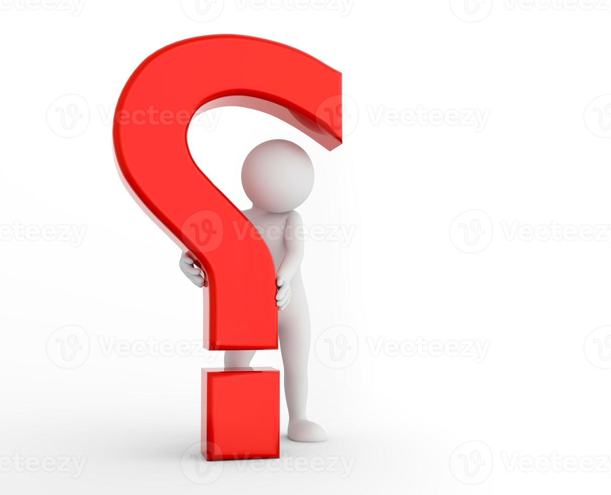 3d question mark being hold by a toon man. FAQ, ask, search concepts photo