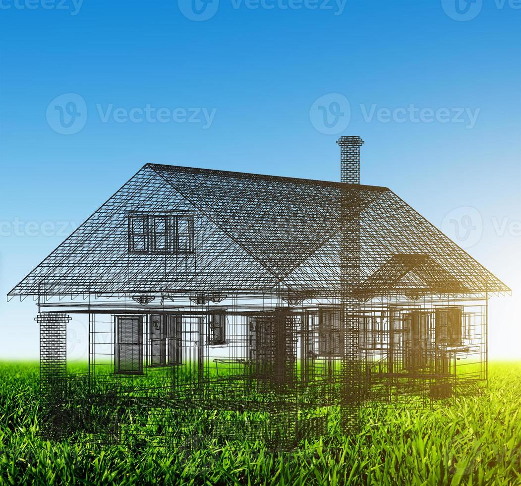 New house wireframe project on green field. Real estate photo