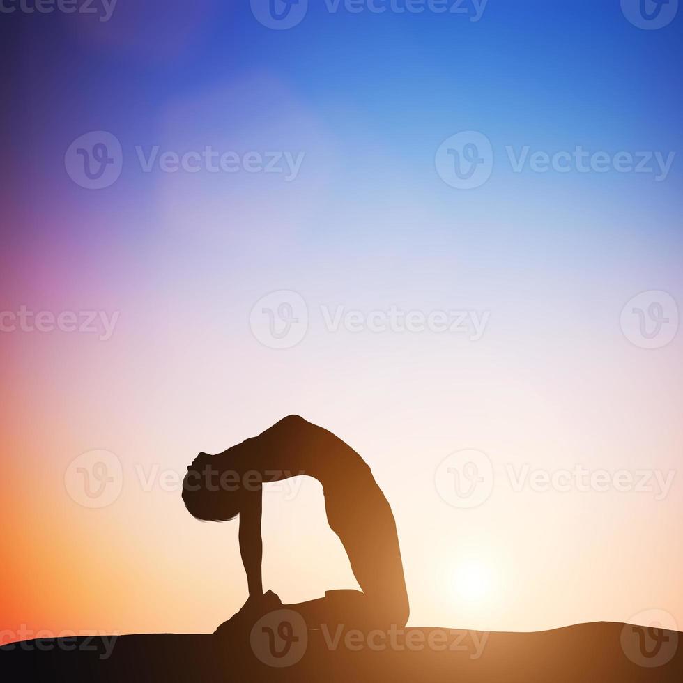 3D Woman in camel yoga pose meditating at sunset. Zen photo