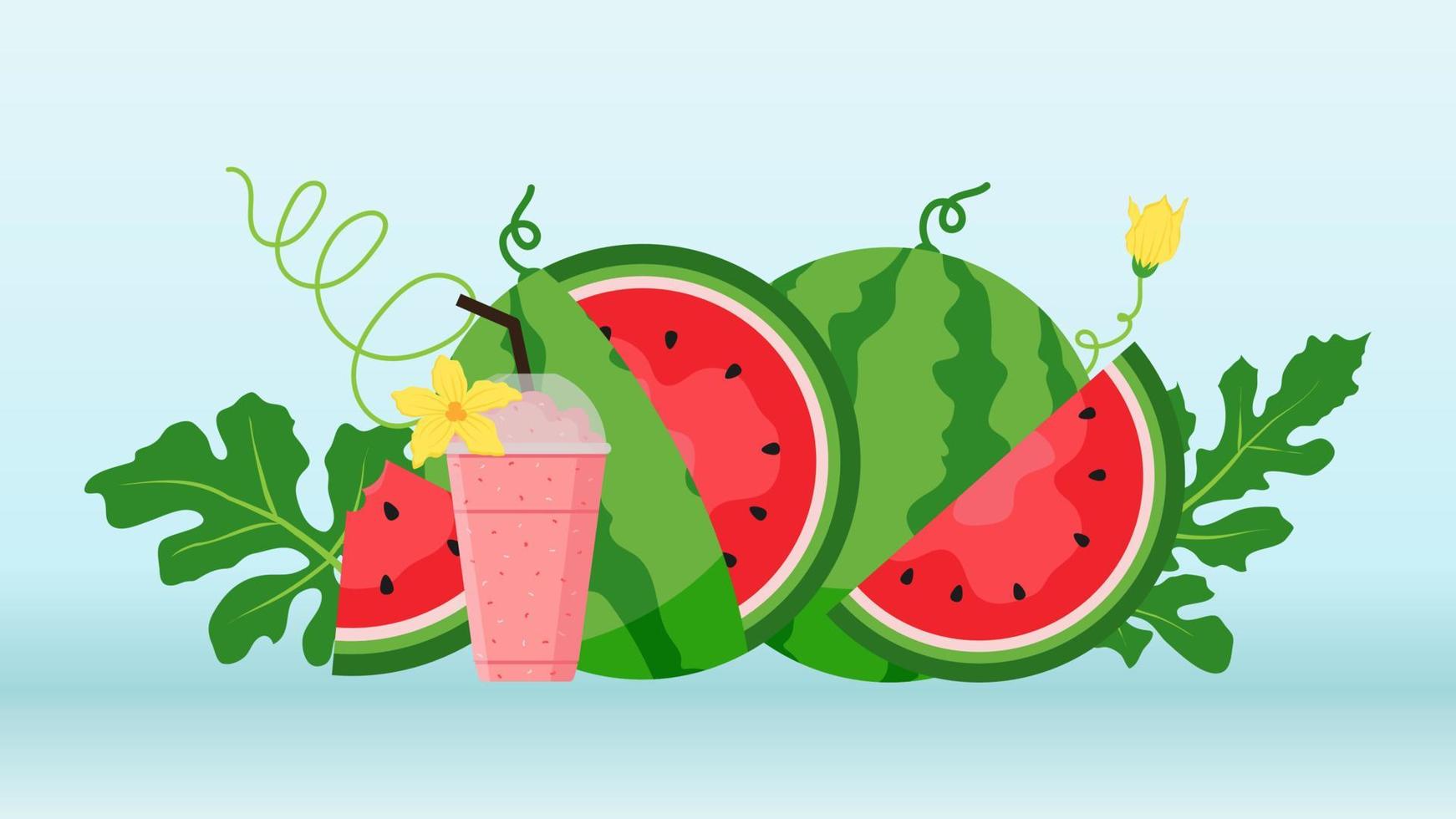 banner de sandía y rebanadas jugosas, diseño plano de hojas verdes e ilustración de flor de sandía, concepto de fruta fresca y jugosa de comida de verano. vector
