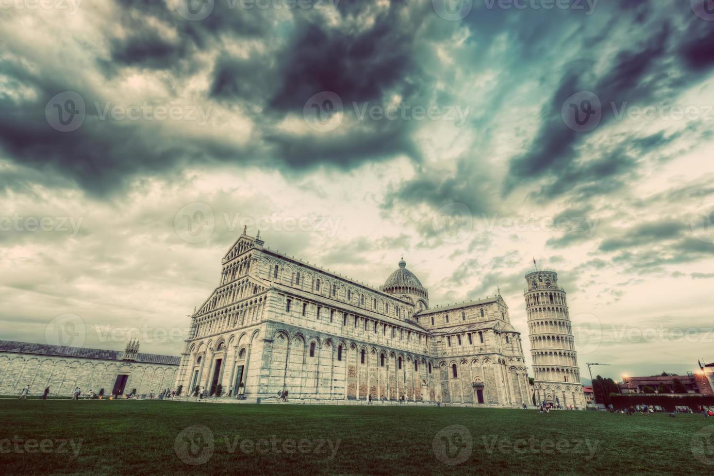 Pisa Cathedral with the Leaning Tower of Pisa, Tuscany, Italy. Vintage photo