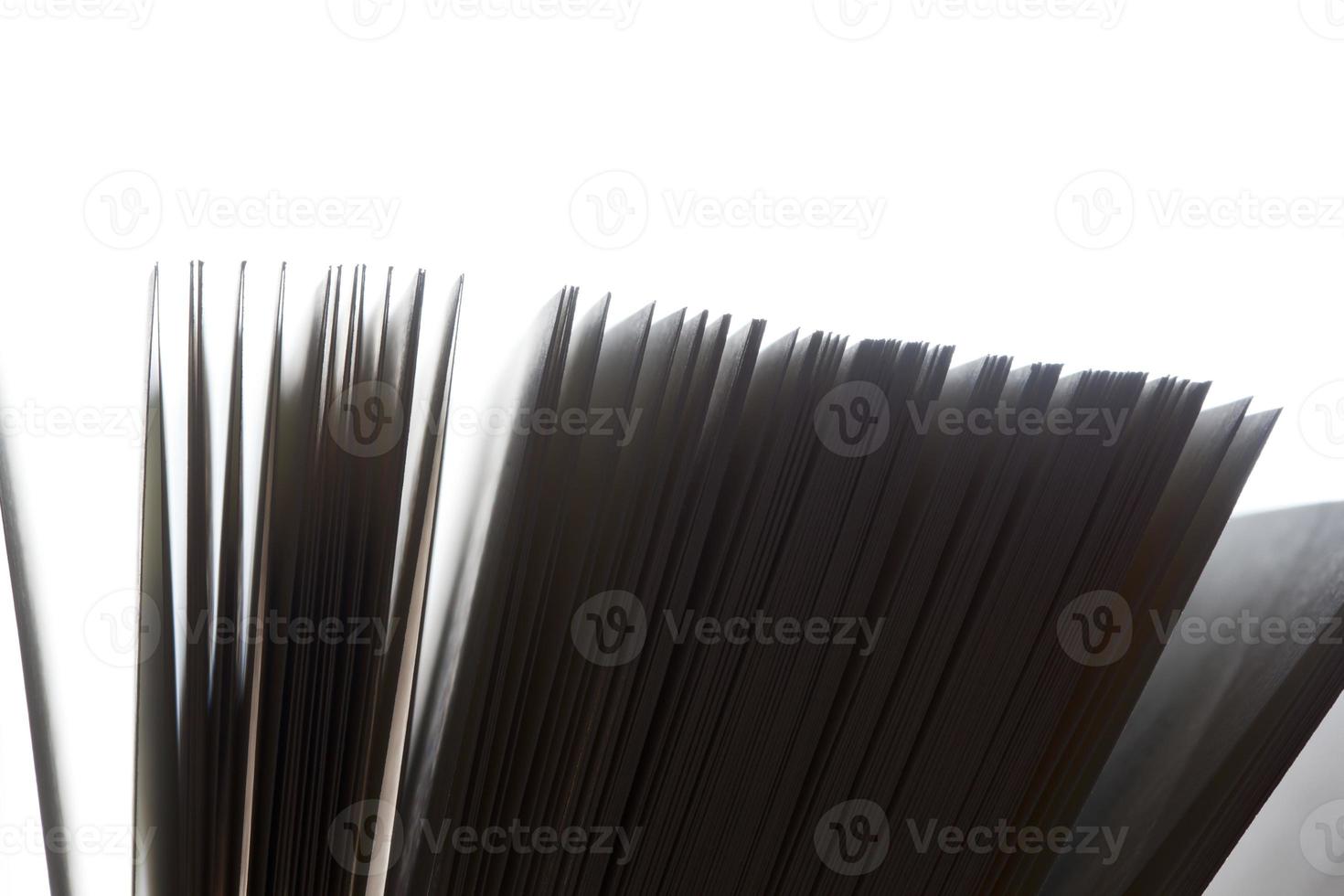 Open book, pages fluttering. Black and white photo