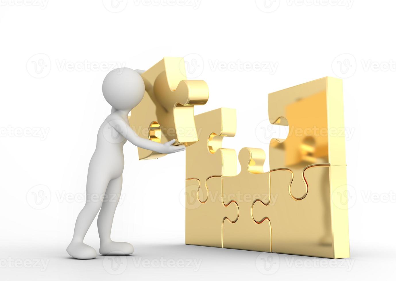 Toon man completes golden puzzle jigsaw. Concept of business solution photo