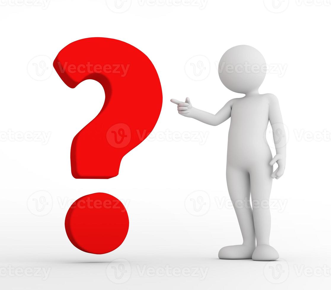 Toon man pointing at red big question mark. FAQ, ask, search concepts photo