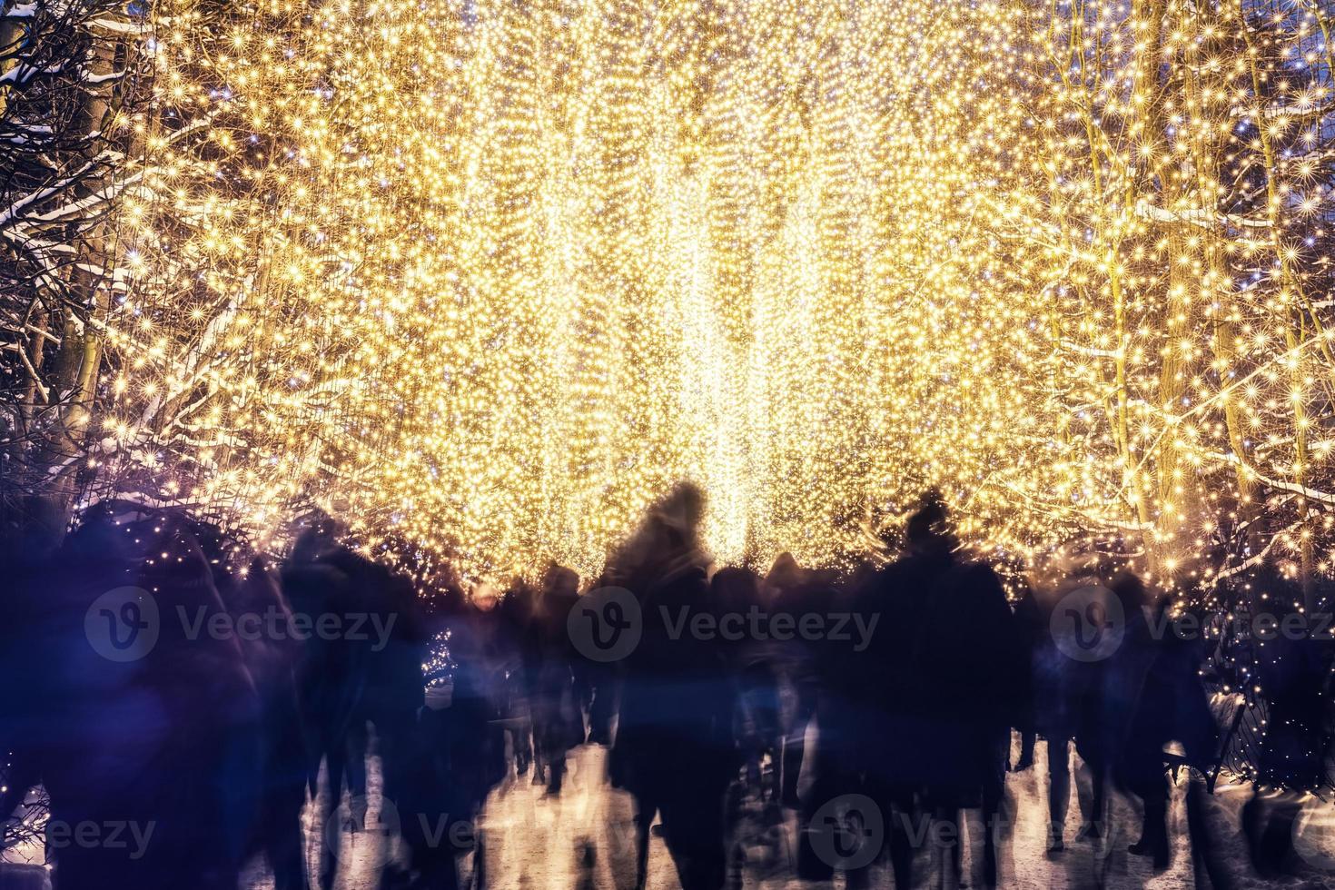 gente caminando en el parque de invierno decorado con luces navideñas foto