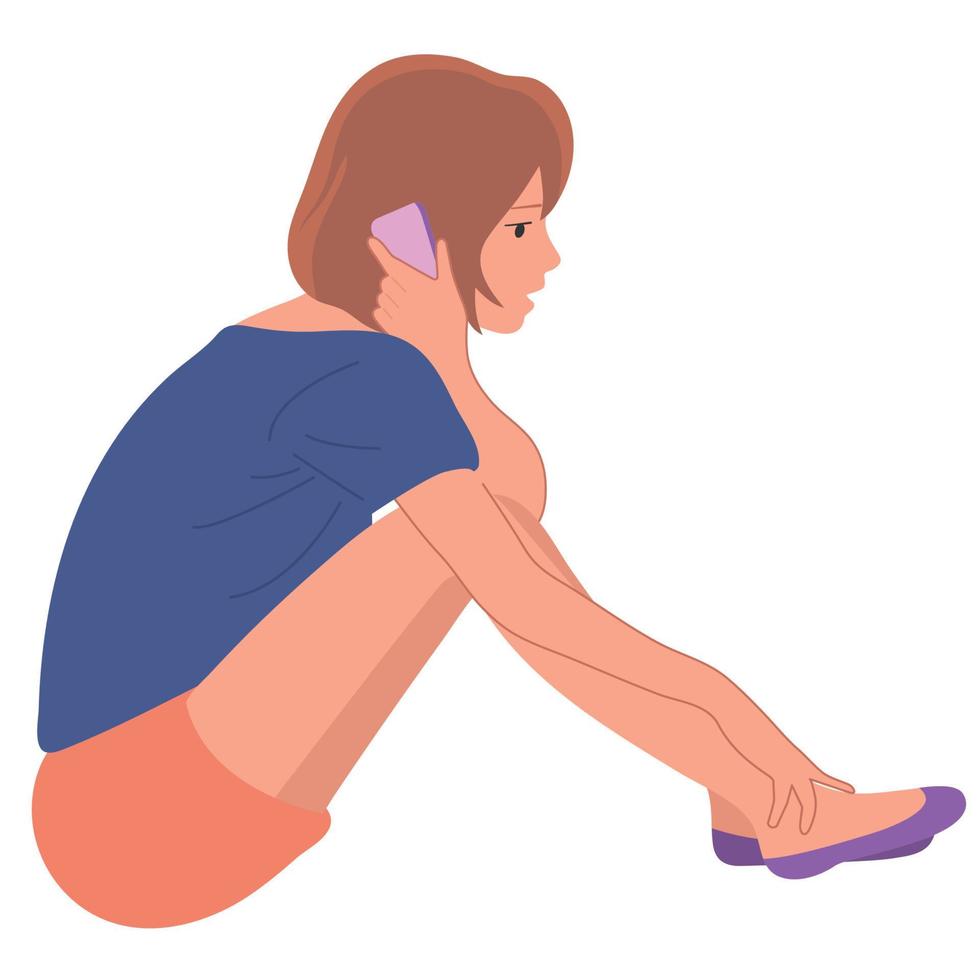 A young girl is talking on the phone and hugging her legs. vector