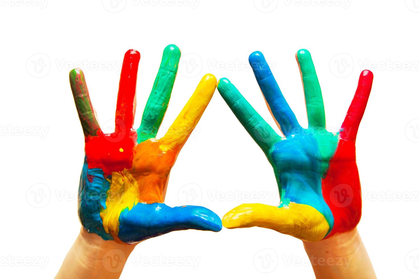 Painted hands, colorful fun. Isolated photo