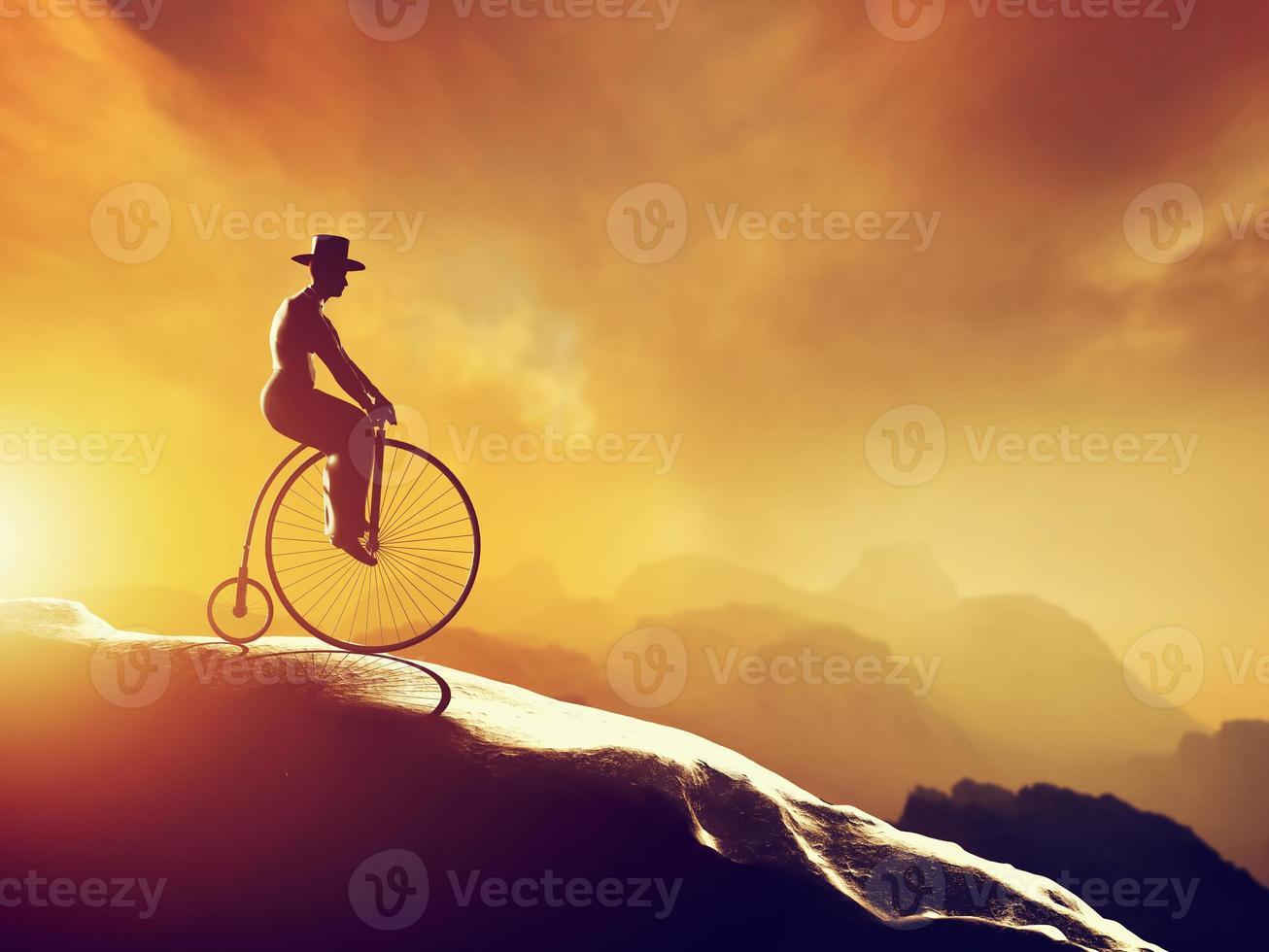 hombre en bicicleta retro montando cuesta abajo. paisaje de montañas foto