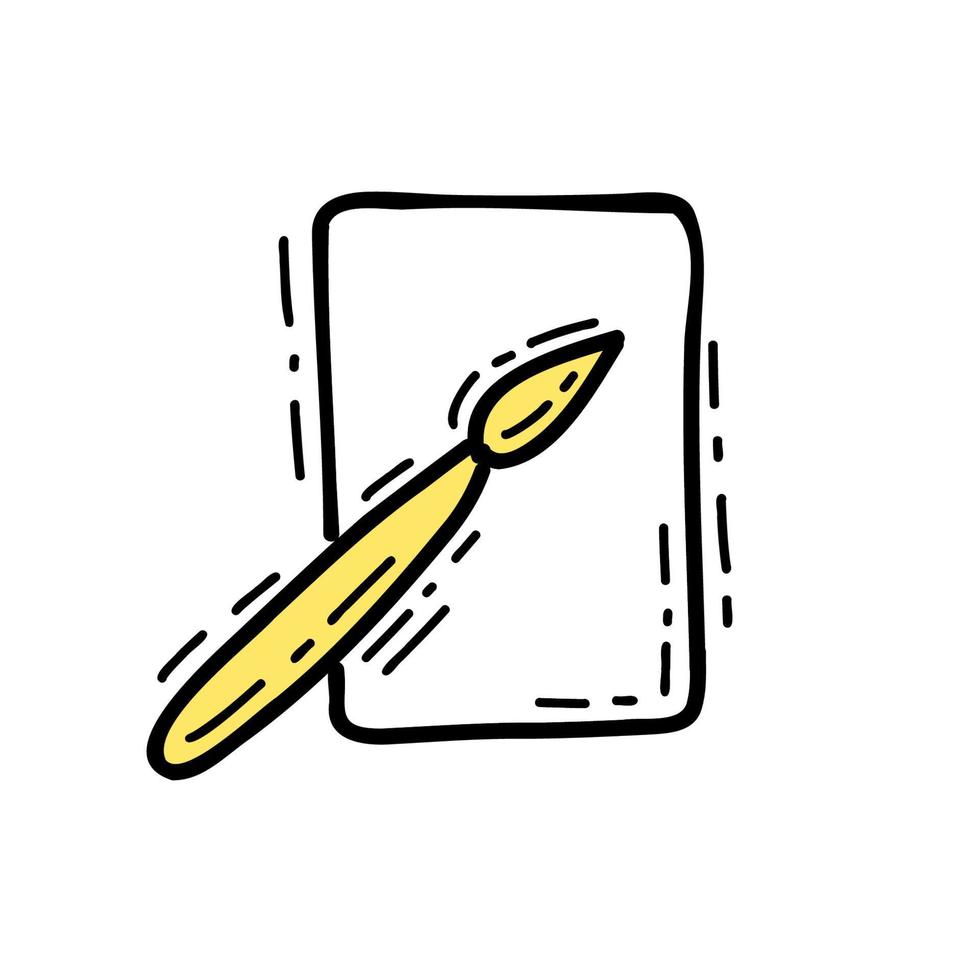 Illustration a brush and paper symbol yellow color in doodle style. vector