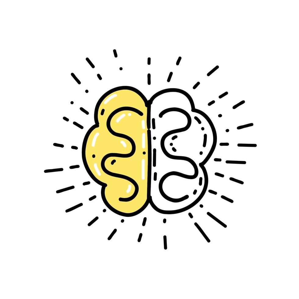 Illustration a brain as a symbol of a good idea yellow color in doodle style. vector