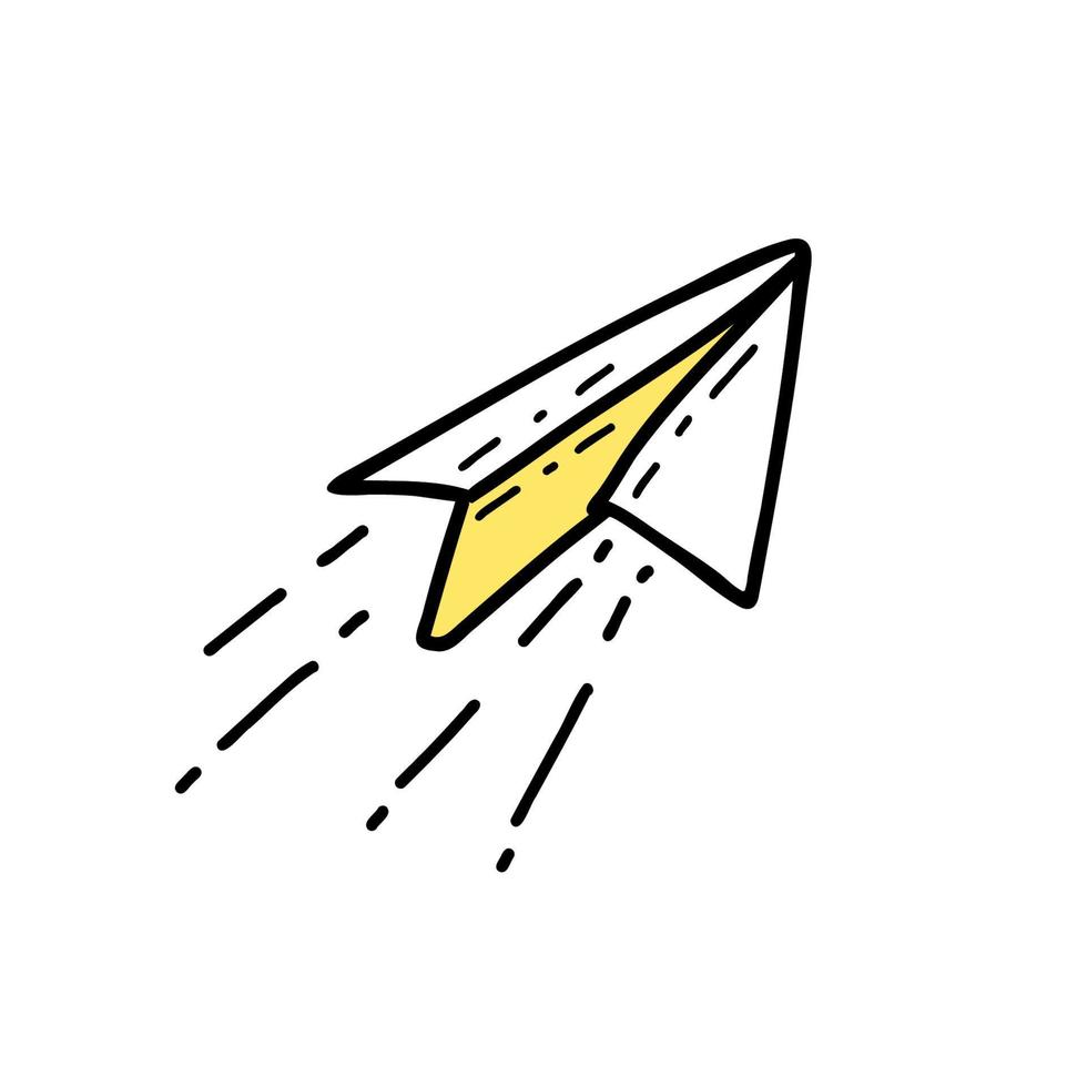 ilustración papel avión color amarillo en estilo doodle. vector