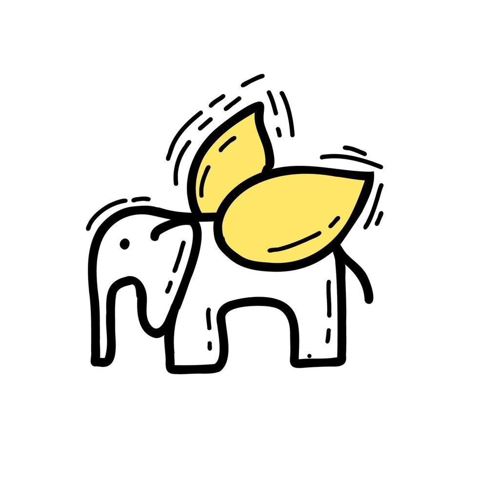 Illustration a elephant with wings yellow color in doodle style. vector