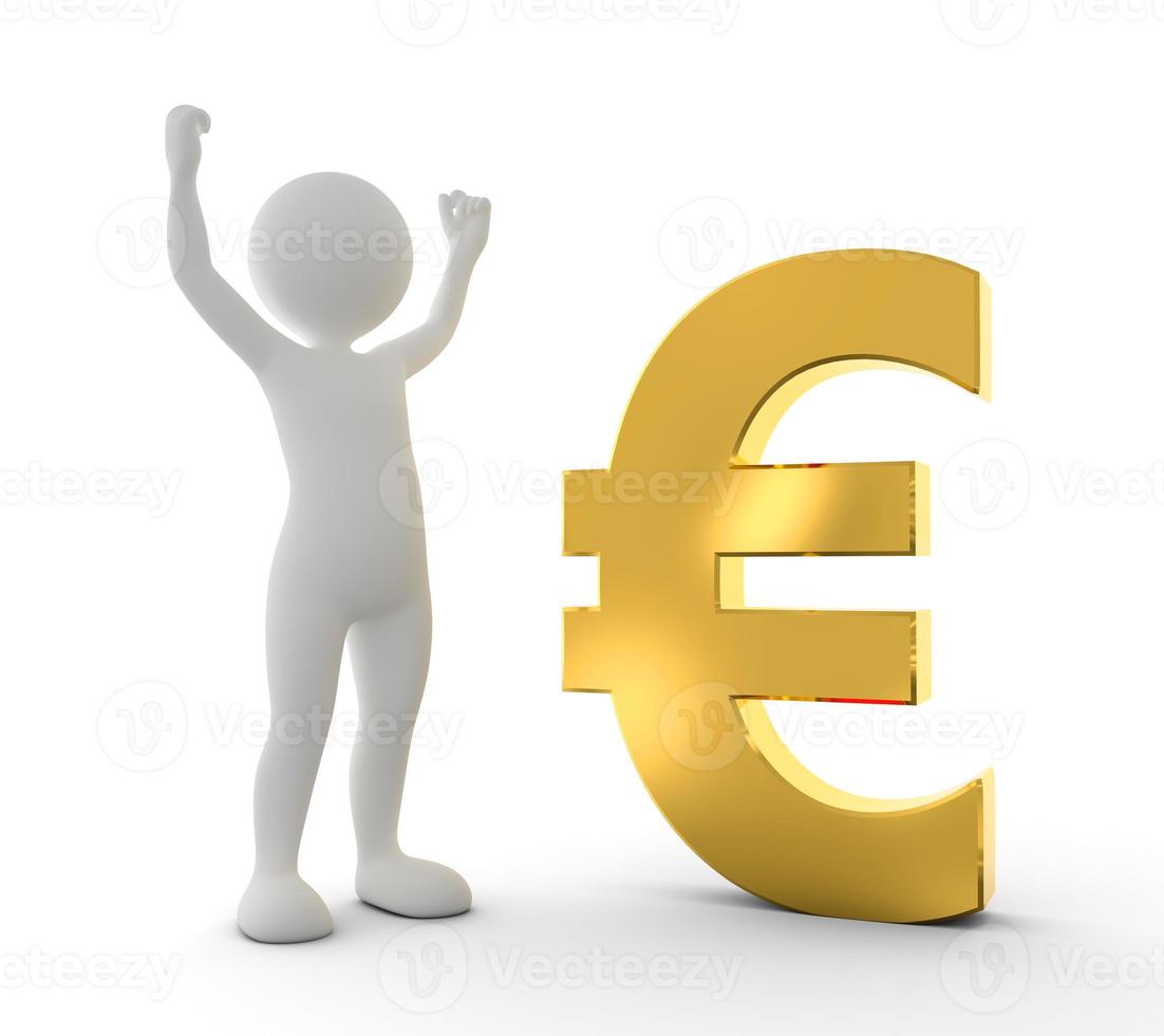 Toon happy man raising hand for a win next to gold EURO symbol photo