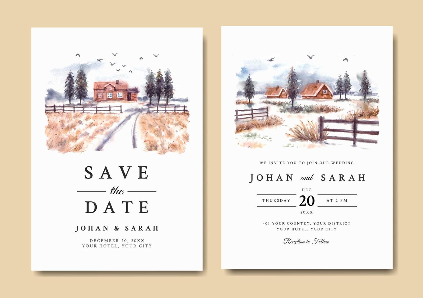 conjunto de invitación de boda de paisaje invernal con acuarela de casa y pinos vector