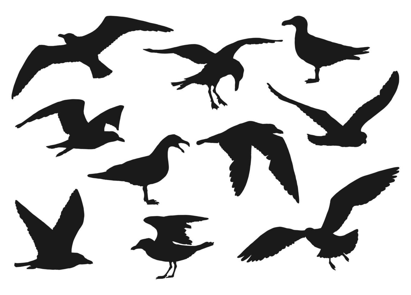Set of silhouette of flying seagulls. Hand drawn illustration converted