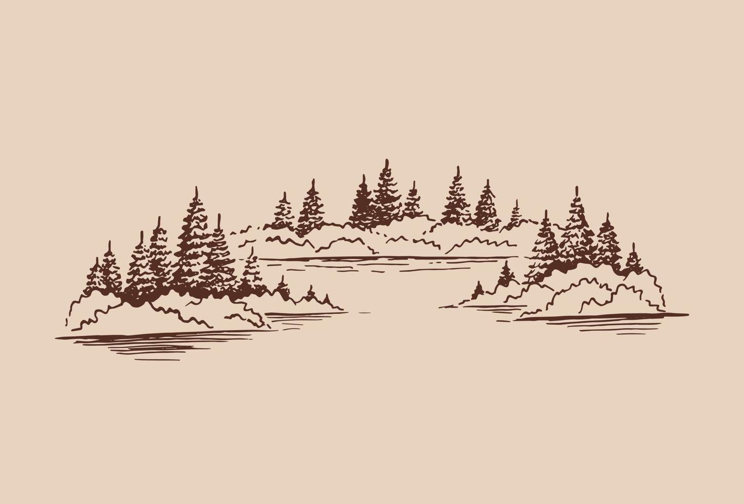 Sketch of wild nature with lake and forest. Hand drawn illustration converted to vector. vector