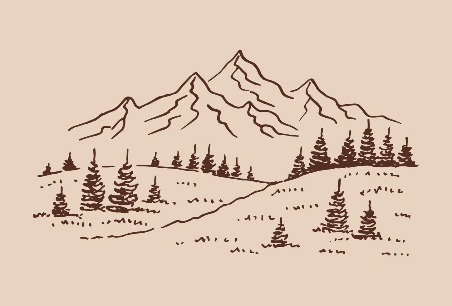 Landscape with mountains and forest. Hand drawn illustration converted to vector. vector