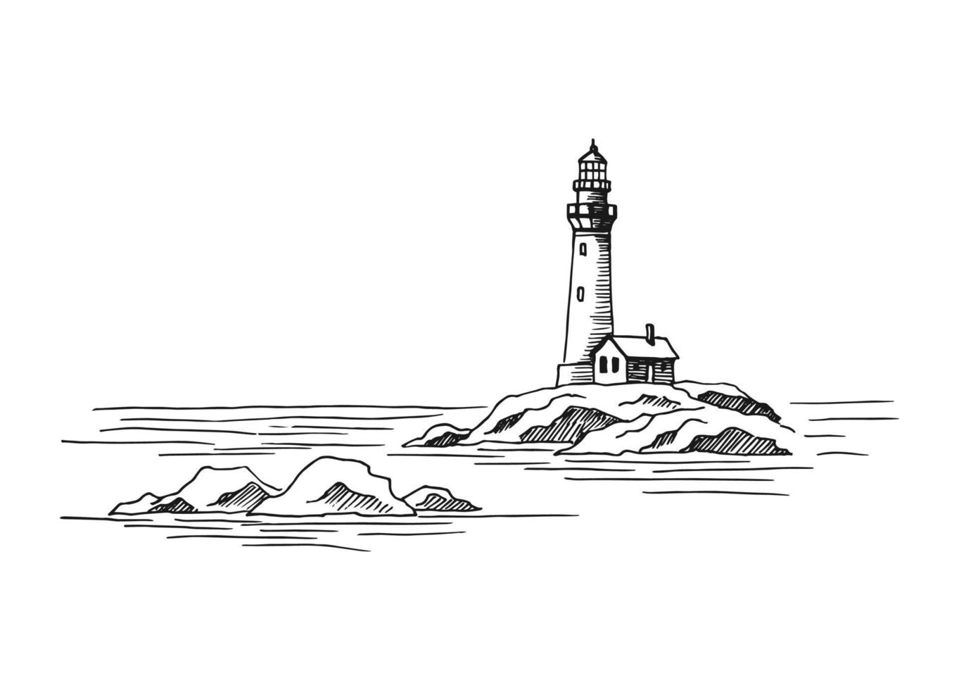 Seascape. Lighthouse. Hand drawn illustration converted to vector. Sea coast graphic landscape sketch illustration vector. vector