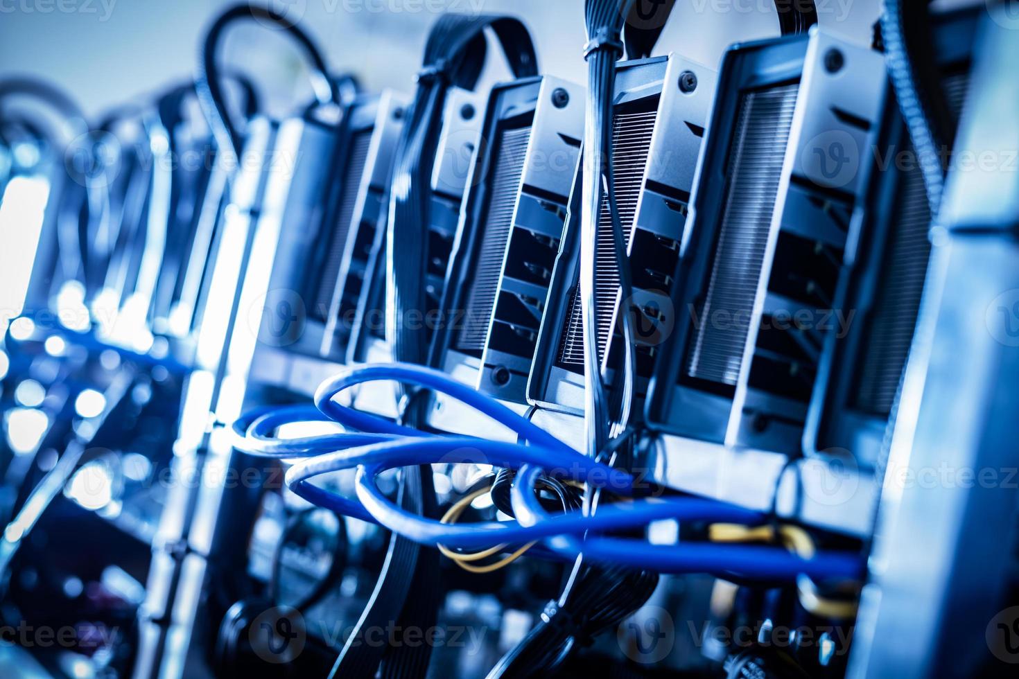 Cryptocurrency mining farm in a close-up shot. photo