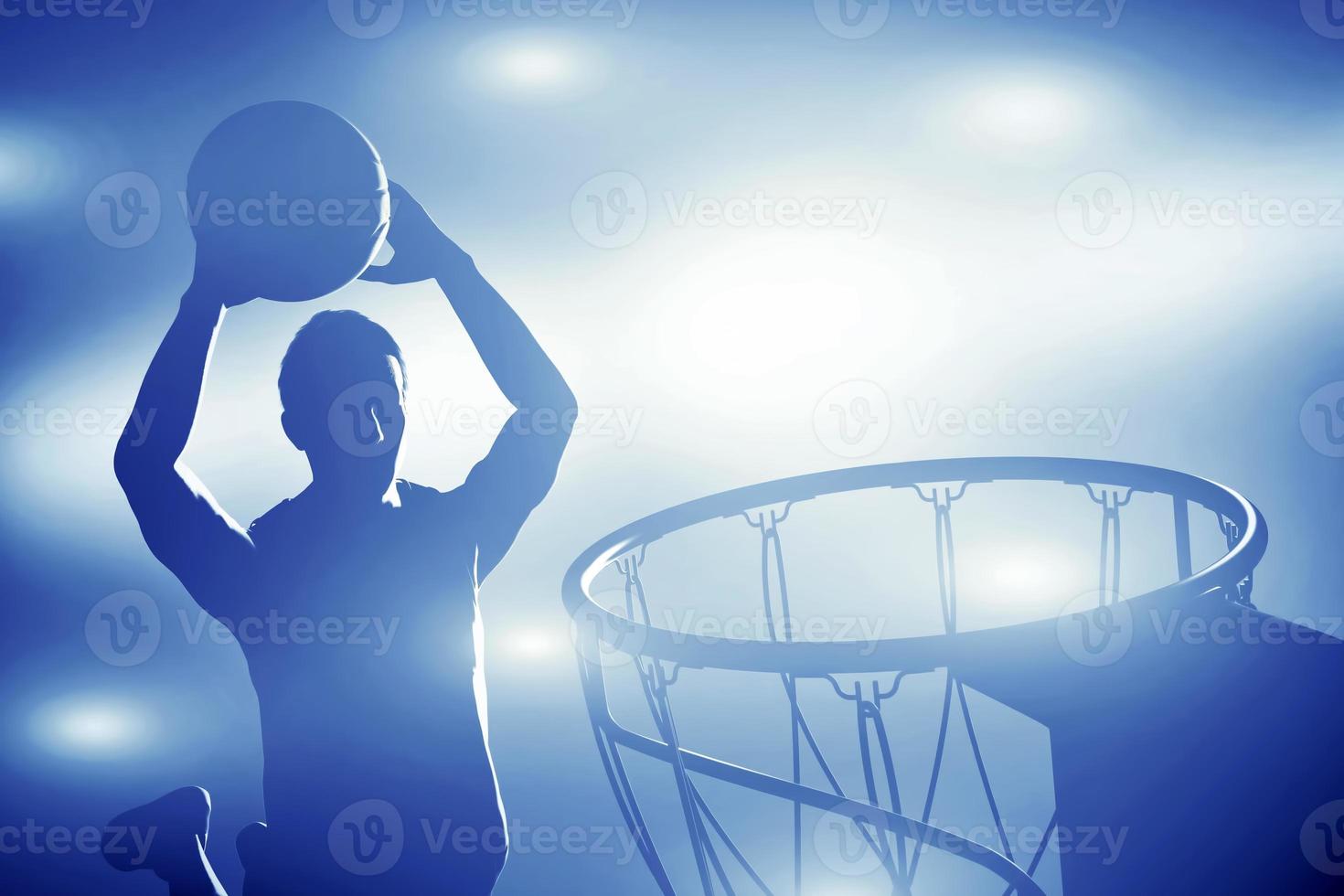Basketball player silhouette jumping and making slam dunk. photo