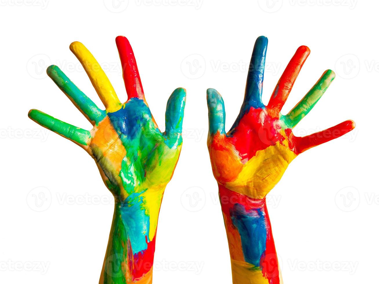 Painted hands, colorful fun. Isolated photo