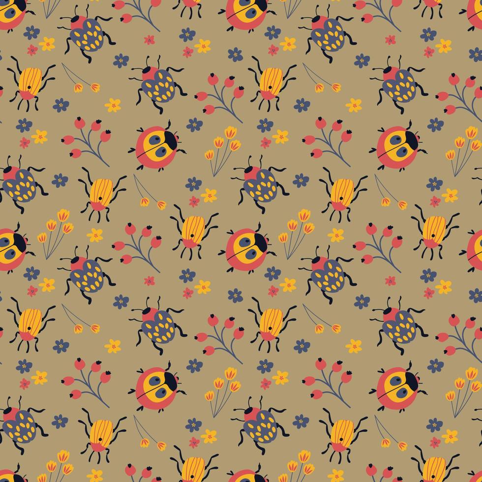 Seamless pattern with cute hand-drawn beetles. Design for fabric, textile, wallpaper, packaging. vector