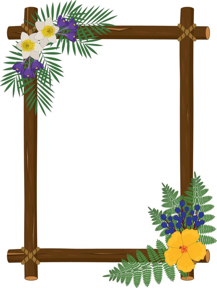 Wood branch frame with palm and fern leaves, flowers and berries vector illustration