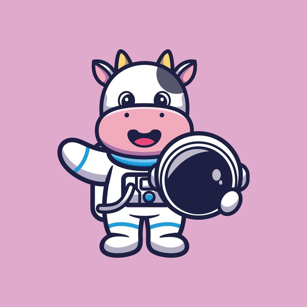 Cute astronaut cow holding helmet cartoon vector illustration