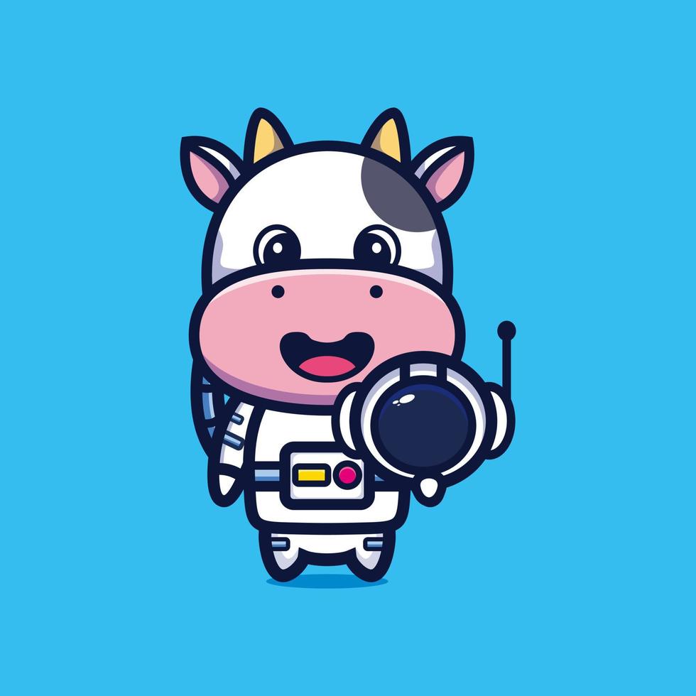 Cute astronaut cow holding helmet cartoon vector illustration