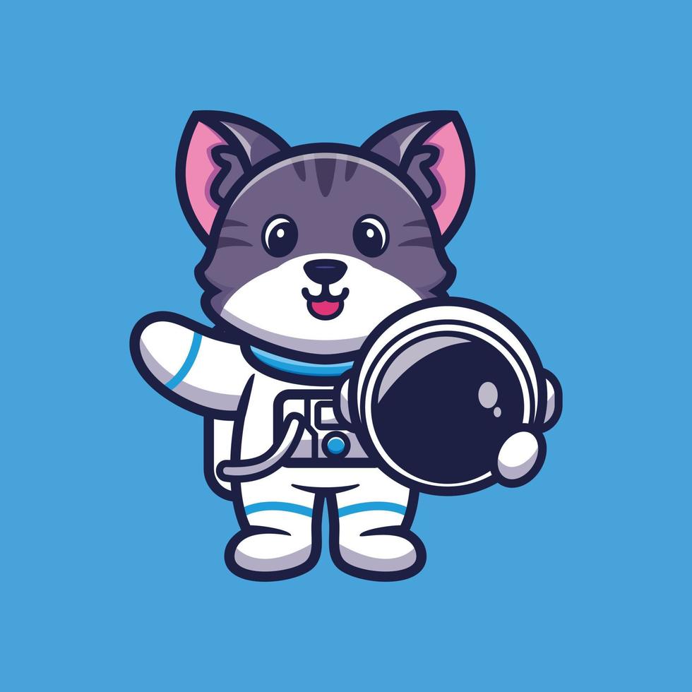 Cute astronaut cat holding helmet cartoon vector illustration