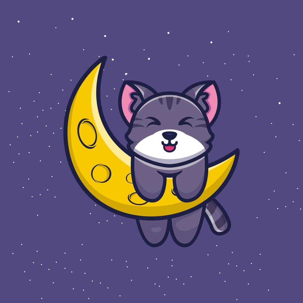 lindo gato con ilustración de vector de dibujos animados de luna hoz