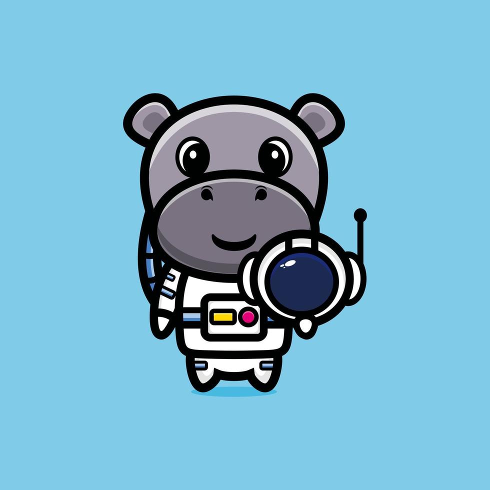 Cute astronaut hippo holding helmet cartoon vector illustration