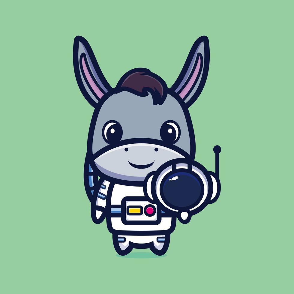 Cute astronaut donkey holding helmet cartoon vector illustration