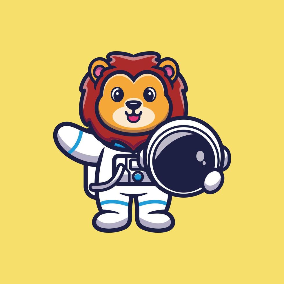 lindo astronauta león sosteniendo casco dibujos animados vector ilustración