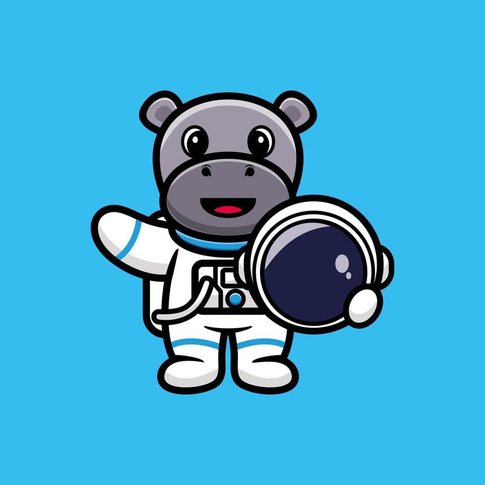 Cute astronaut hippo holding helmet cartoon vector illustration