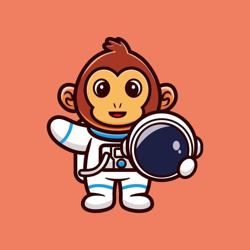 Cute astronaut monkey holding helmet cartoon vector illustration