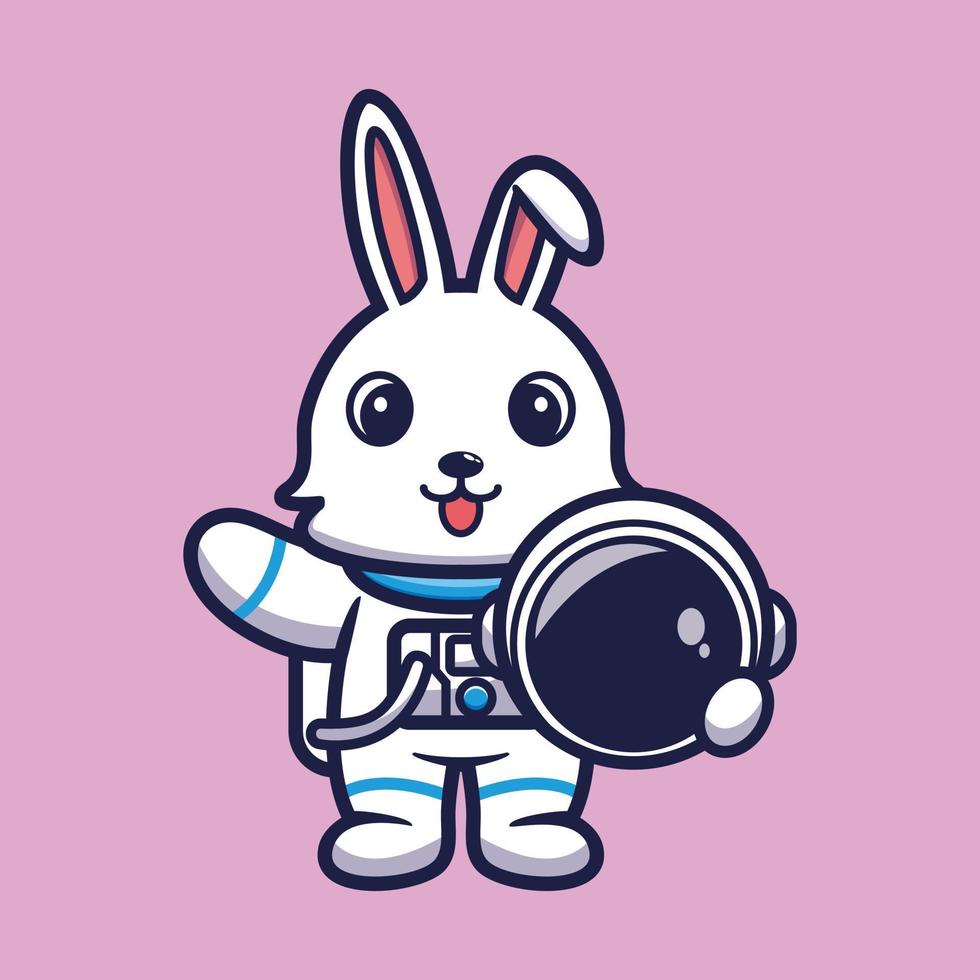 lindo astronauta conejo sosteniendo casco dibujos animados vector ilustración