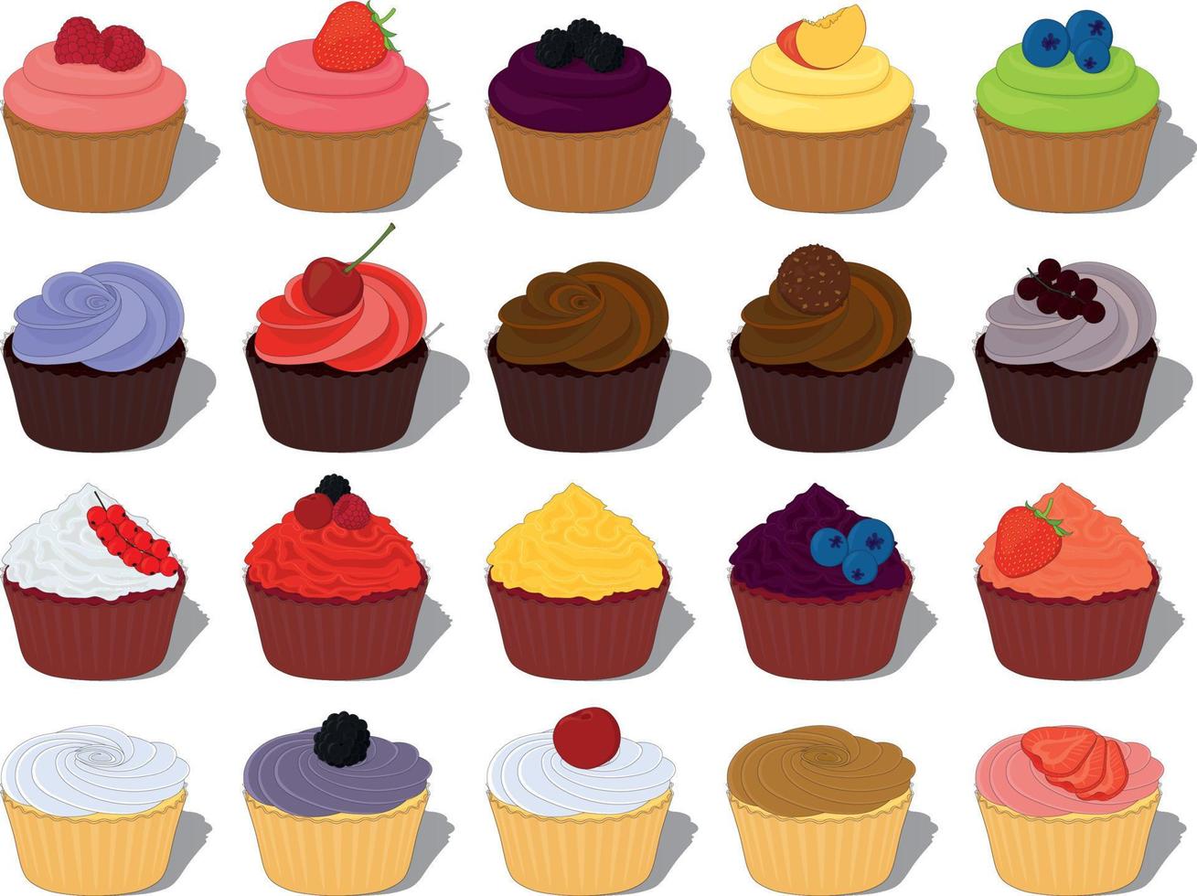 Sweet bakery beautiful muffins collection vector illustration