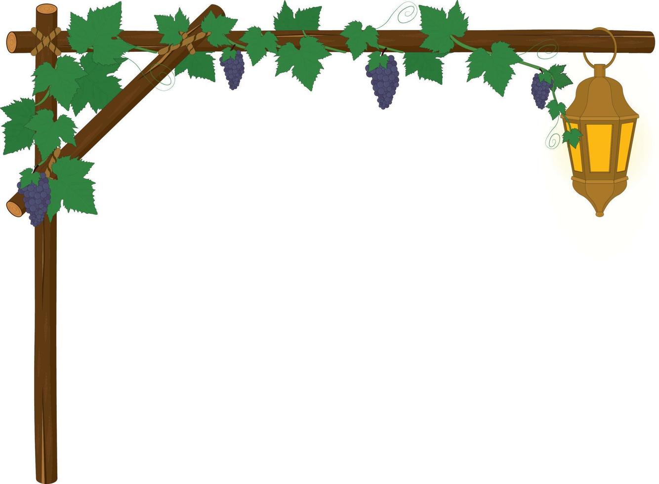 Horizontal wood branch arch frame with grape vines and lantern vector illustration