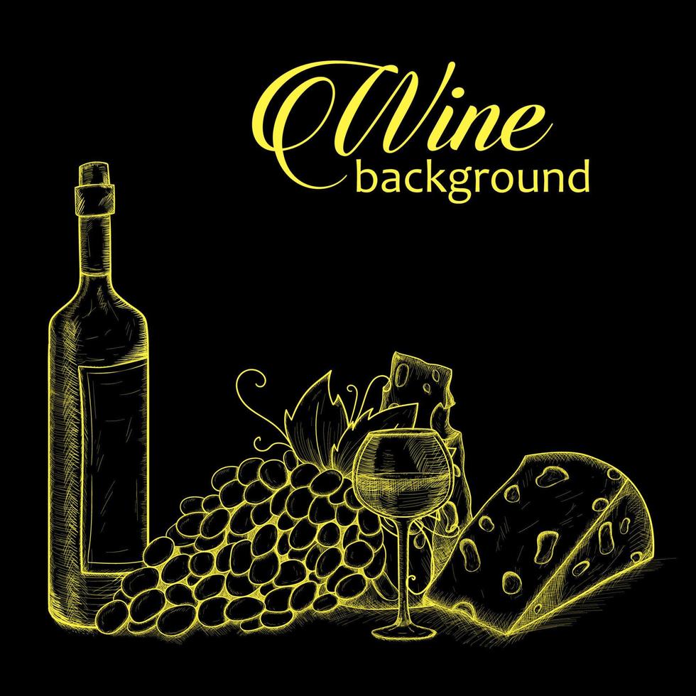 juego de vino boceto con una botella de vino, racimo de uvas, queso, vidrio vector