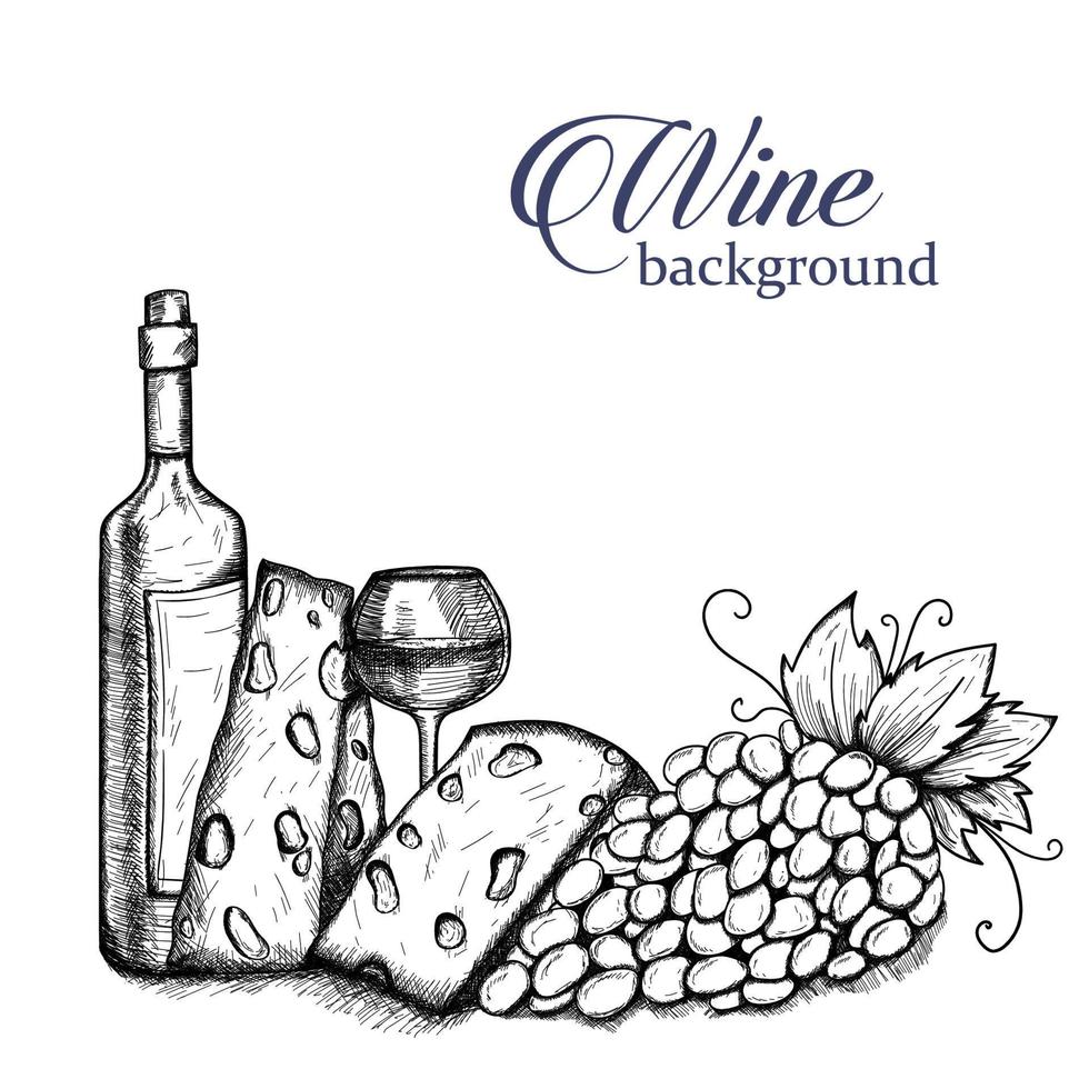 Wine set. Sketch with a bottle of wine, bunch of grapes, cheese, glass vector