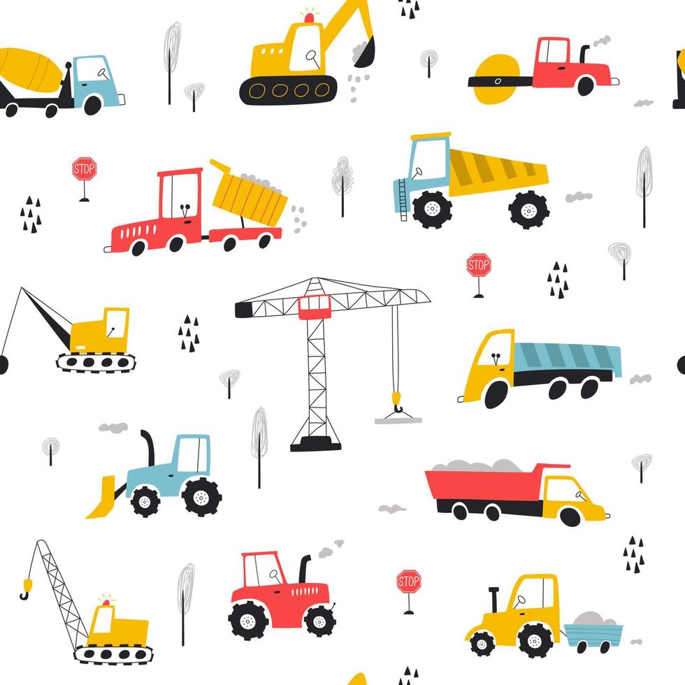 Seamless pattern with building equipment. Kids print. Vector hand drawn illustration.