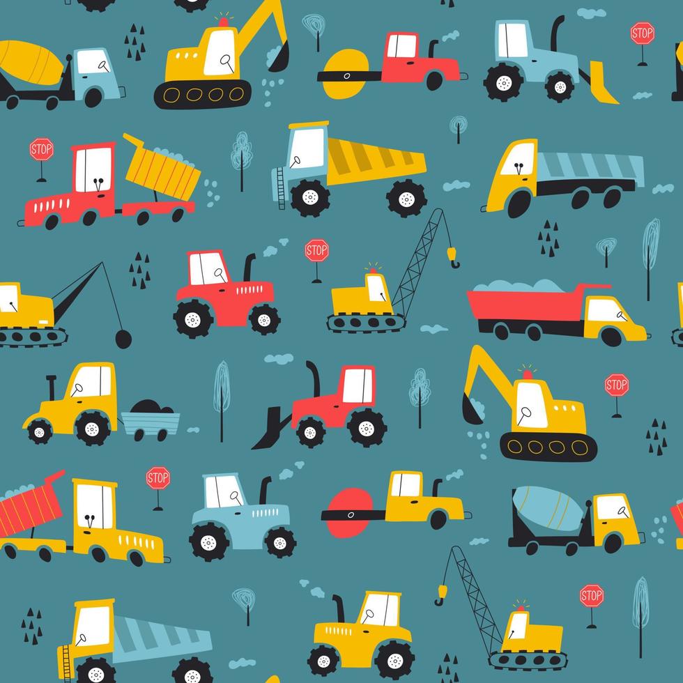 Seamless pattern with building equipment. Kids print. Vector hand drawn illustration.