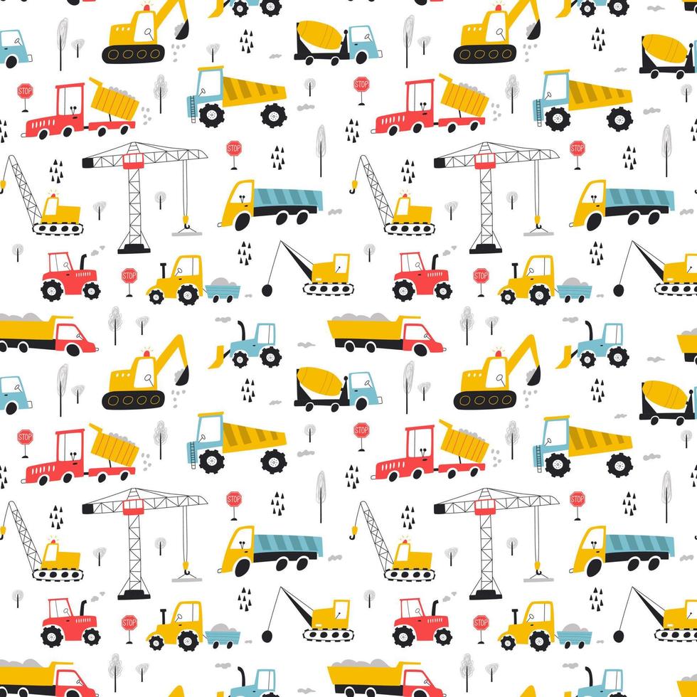 Seamless pattern with building equipment. Kids print. Vector hand drawn illustration.