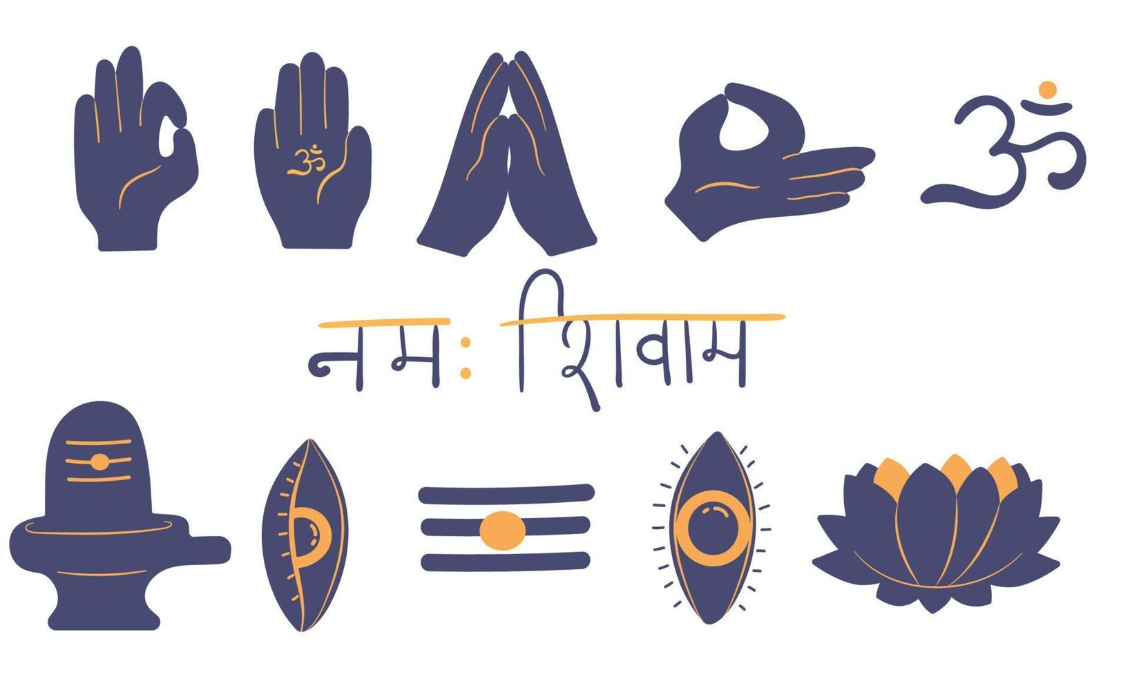 conjunto místico de símbolos hindúes. palma en mudra. vector