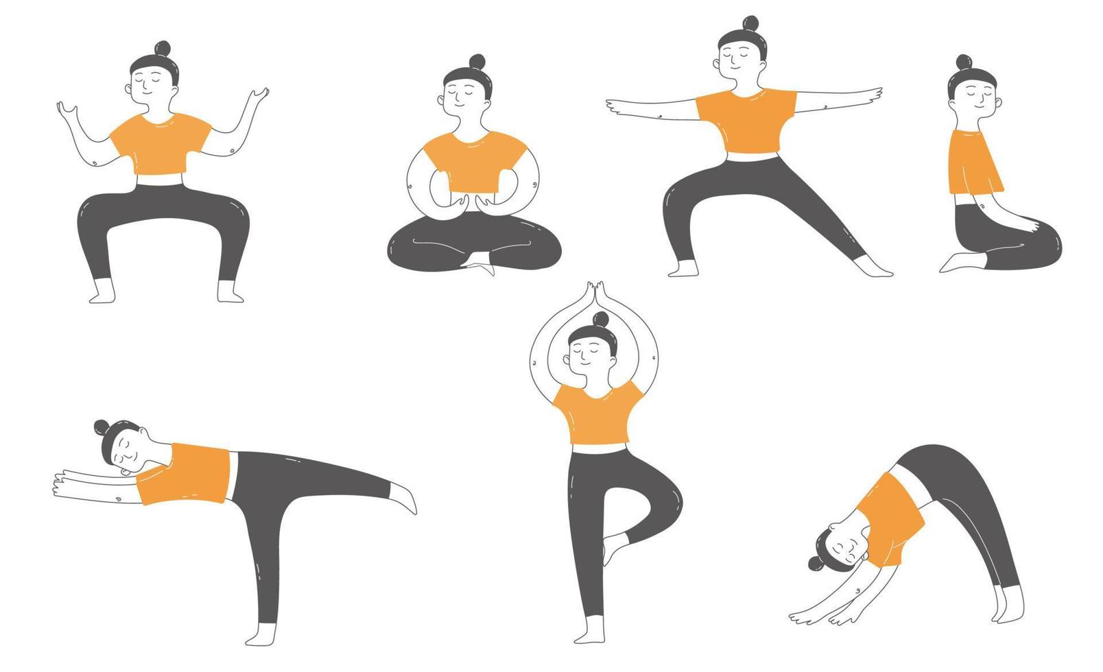 Doodle set of yoga asana. vector