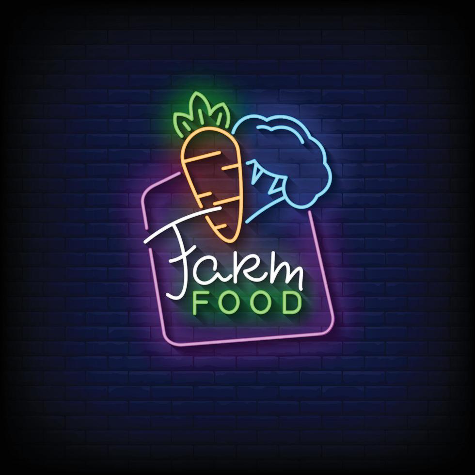 Farm Food Neon Sign On Brick Wall Background Vector